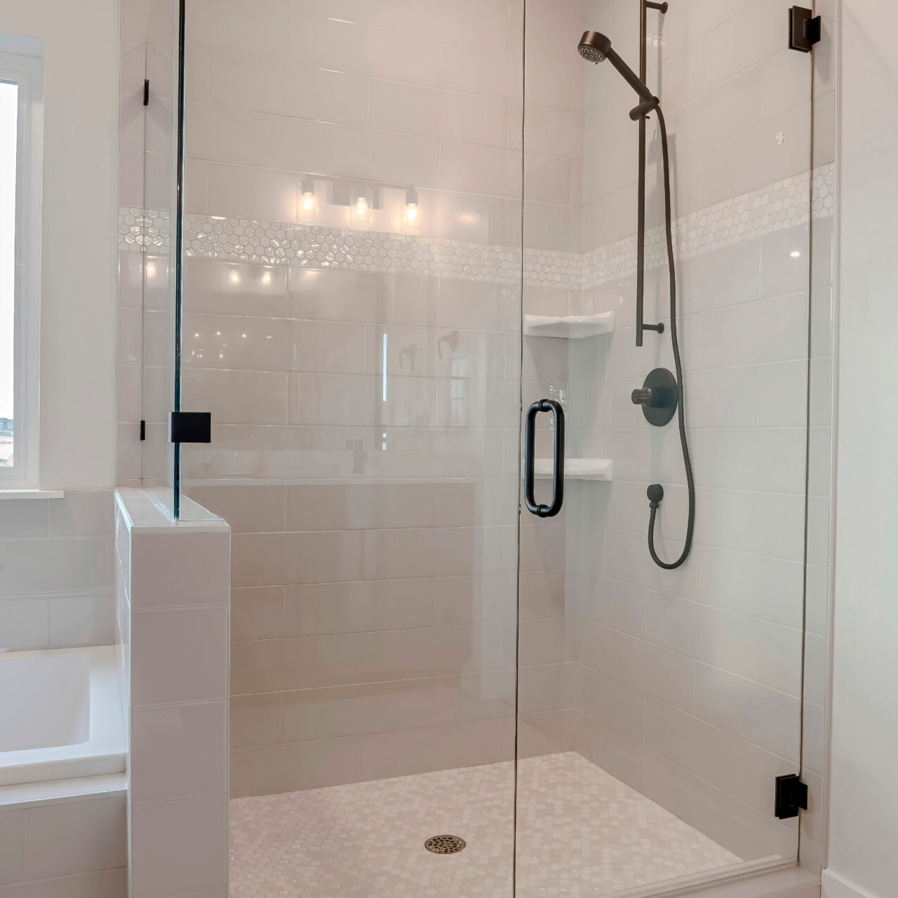 Bathroom Shower Stall With Half Glass Enclosure Adjacent To Built In Bathtub Bathroom Shower Stall With Half Glass Enclosure Adjacent To Built In Bathtub