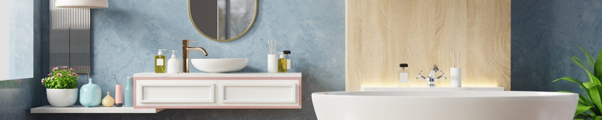 Modern Bathroom Interior Design On Dark Blue Wall.