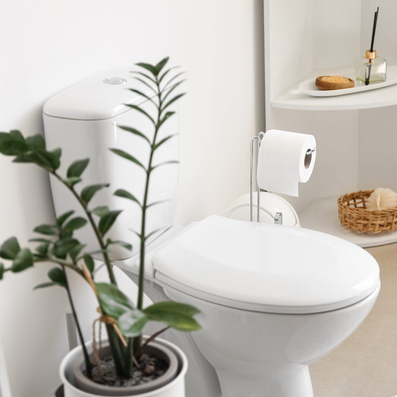 Interior Of Stylish Modern Restroom With Toilet Bowl Interior Of Stylish Modern Restroom With Toilet Bowl